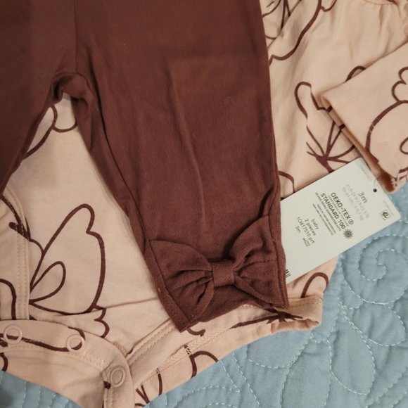 Carter's Baby Girls 2-Pc Bodysuit Set, Pink Shirt Purple Flowers & Pants w Bows - Picture 6 of 12